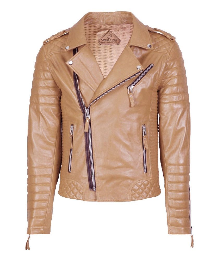 Men Motorcycle Leather Jacket Camel Beige SkinOutfit