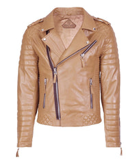 Men Motorcycle Leather Jacket Camel Beige SkinOutfit