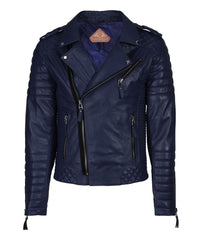 Men Motorcycle Leather Jacket Dark Blue SkinOutfit