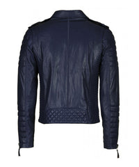 Men Motorcycle Leather Jacket Dark Blue SkinOutfit