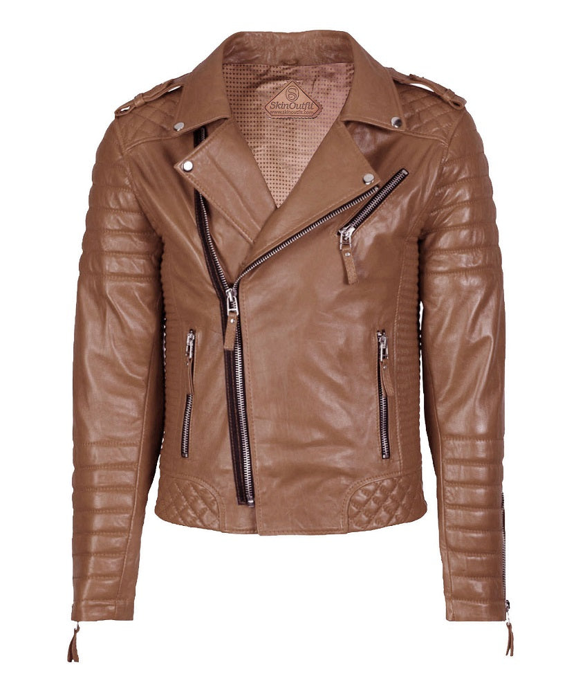 Men Motorcycle Leather Jacket Mango Tan SkinOutfit