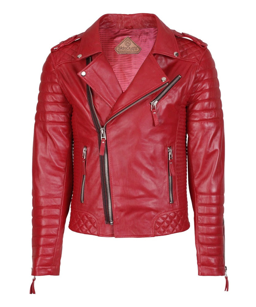 Men Motorcycle Leather Jacket Red SkinOutfit