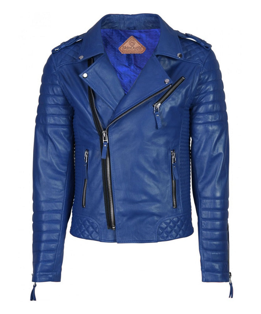 Men Motorcycle Leather Jacket Royal Blue SkinOutfit