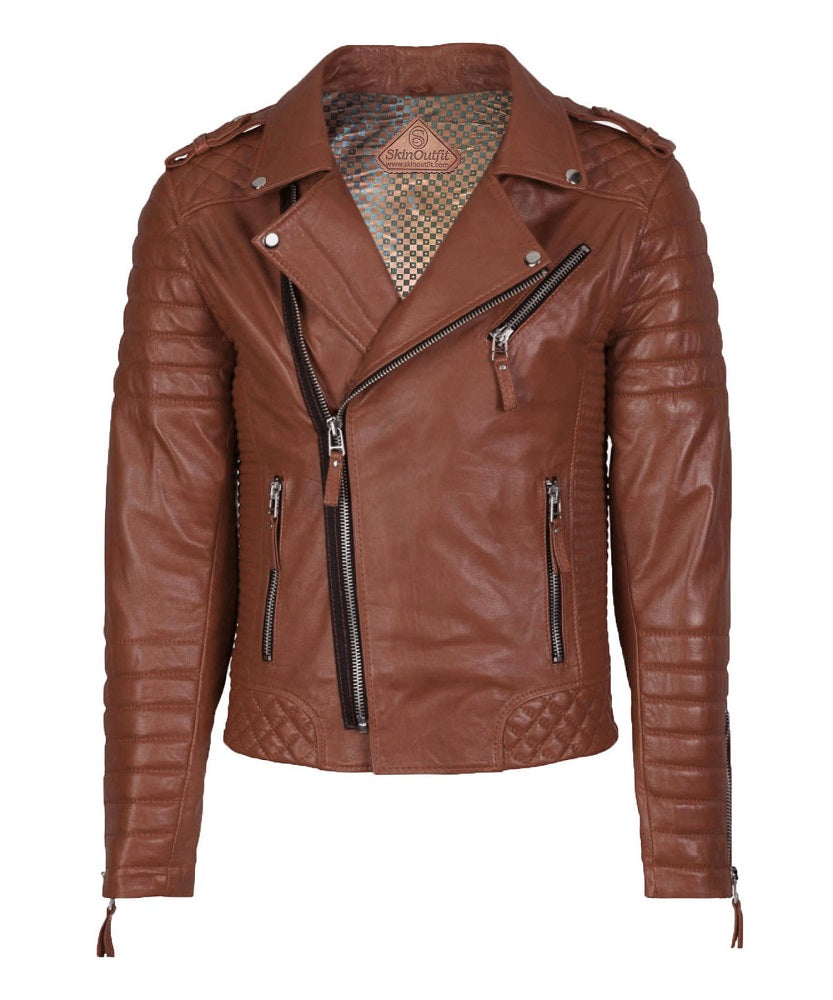 Men Motorcycle Leather Jacket Tan SkinOutfit