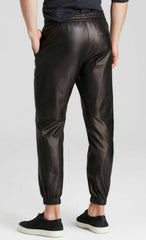 Men Genuine Leather Joggers Pant Black SkinOutfit
