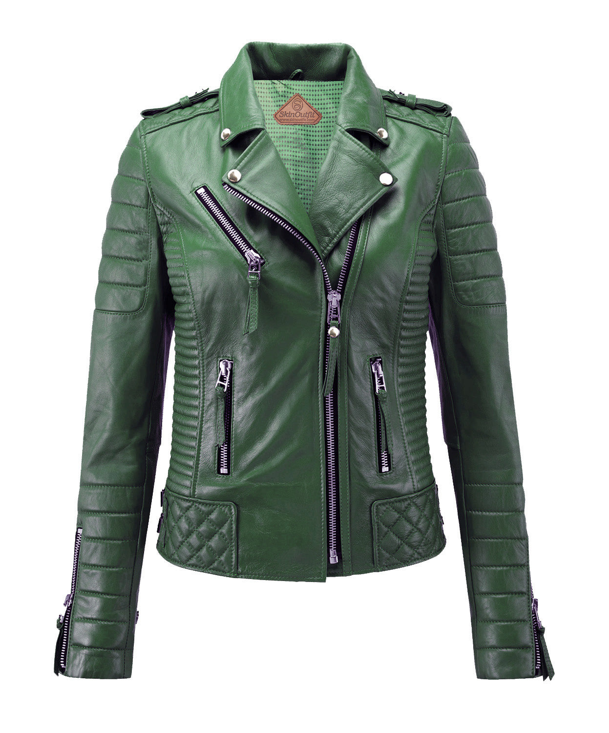 Ladies Casual Pure Dark Green Elegant Leather Jacket
