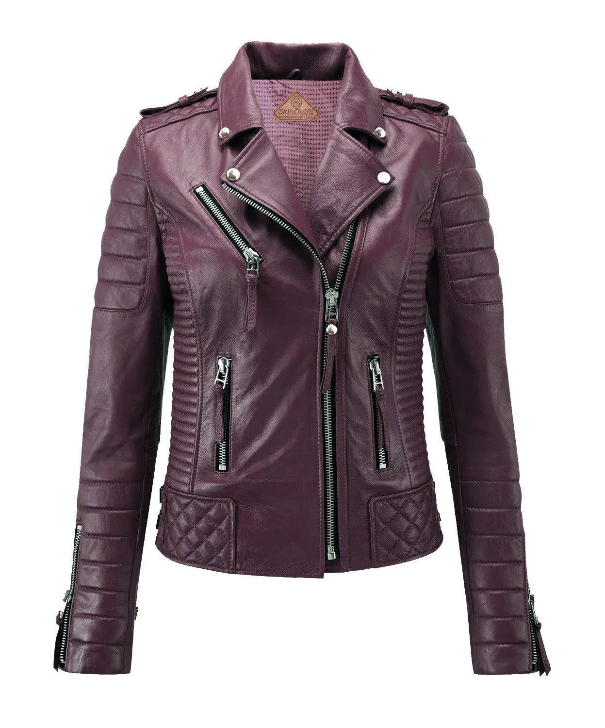 Women Biker Leather Jacket Burgundy freeshipping - SkinOutfit