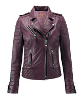 Women Biker Leather Jacket Burgundy freeshipping - SkinOutfit