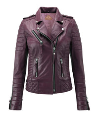 Women Biker Leather Jacket Burgundy freeshipping - SkinOutfit
