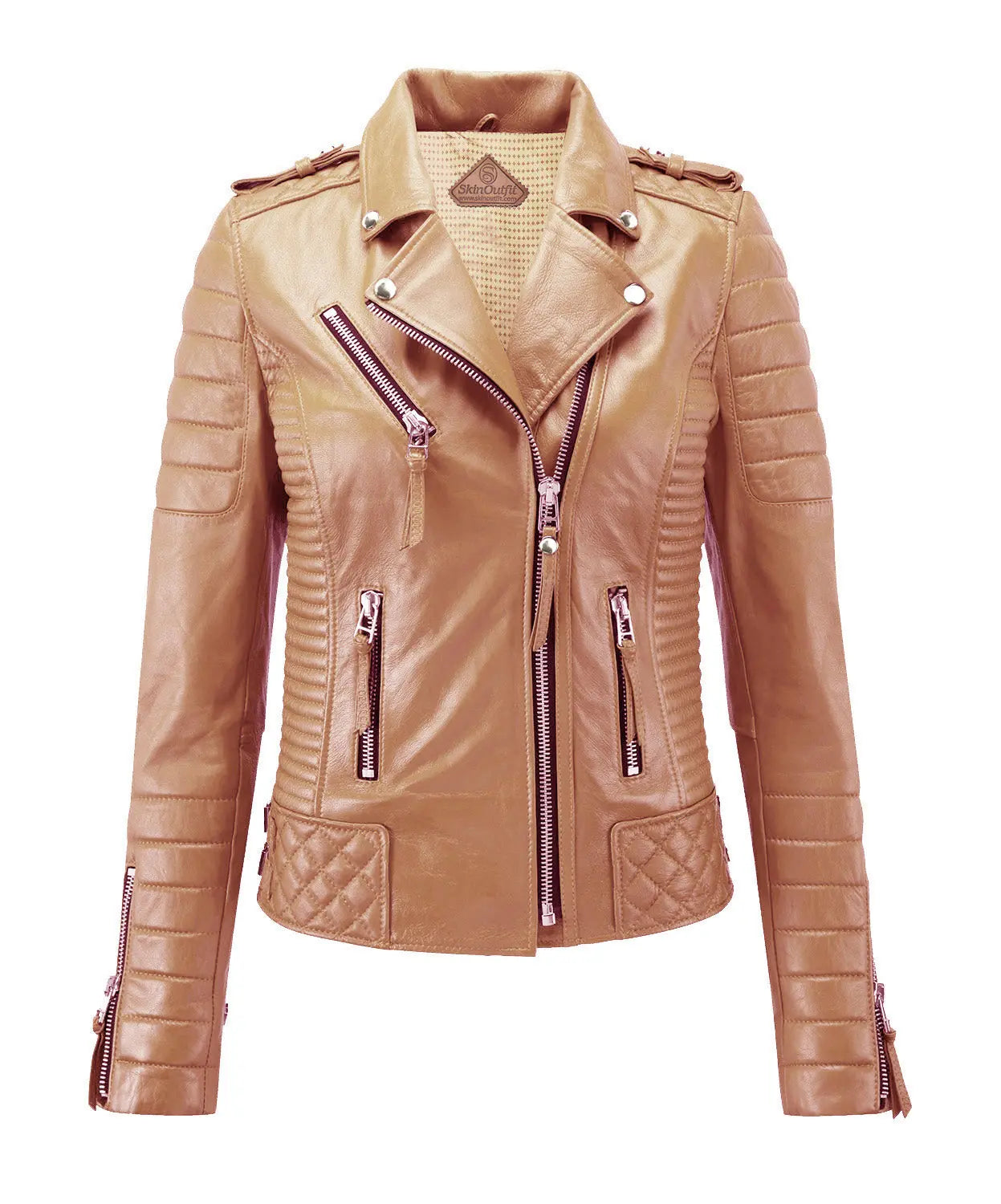 Women Biker Leather Jacket Camel Beige freeshipping - SkinOutfit