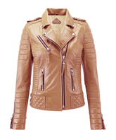 Women Biker Leather Jacket Camel Beige freeshipping - SkinOutfit