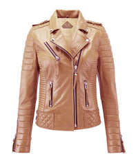 Women Biker Leather Jacket Camel Beige freeshipping - SkinOutfit