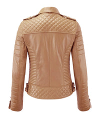 Women Biker Leather Jacket Camel Beige freeshipping - SkinOutfit