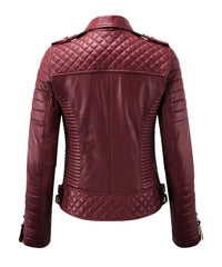 Women Biker Leather Jacket Dark Red SkinOutfit