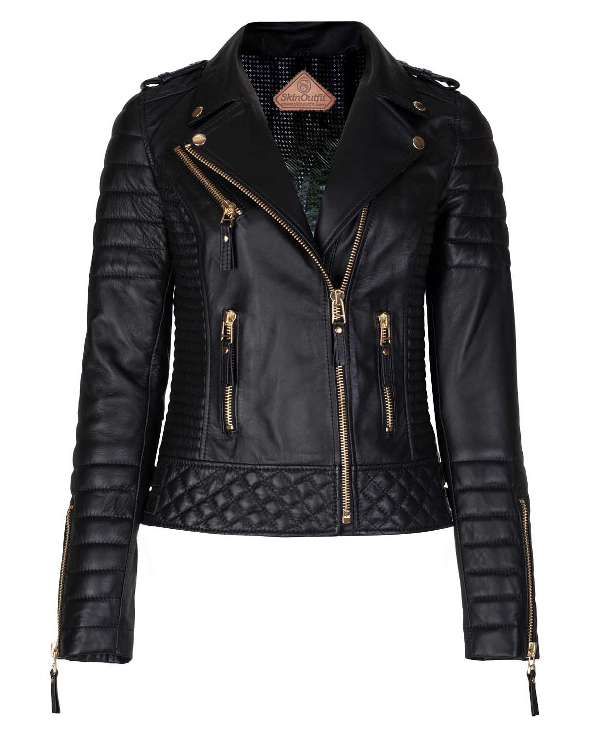Skinoutfit Women's Biker Leather Jacket Black Gold Zipper Large