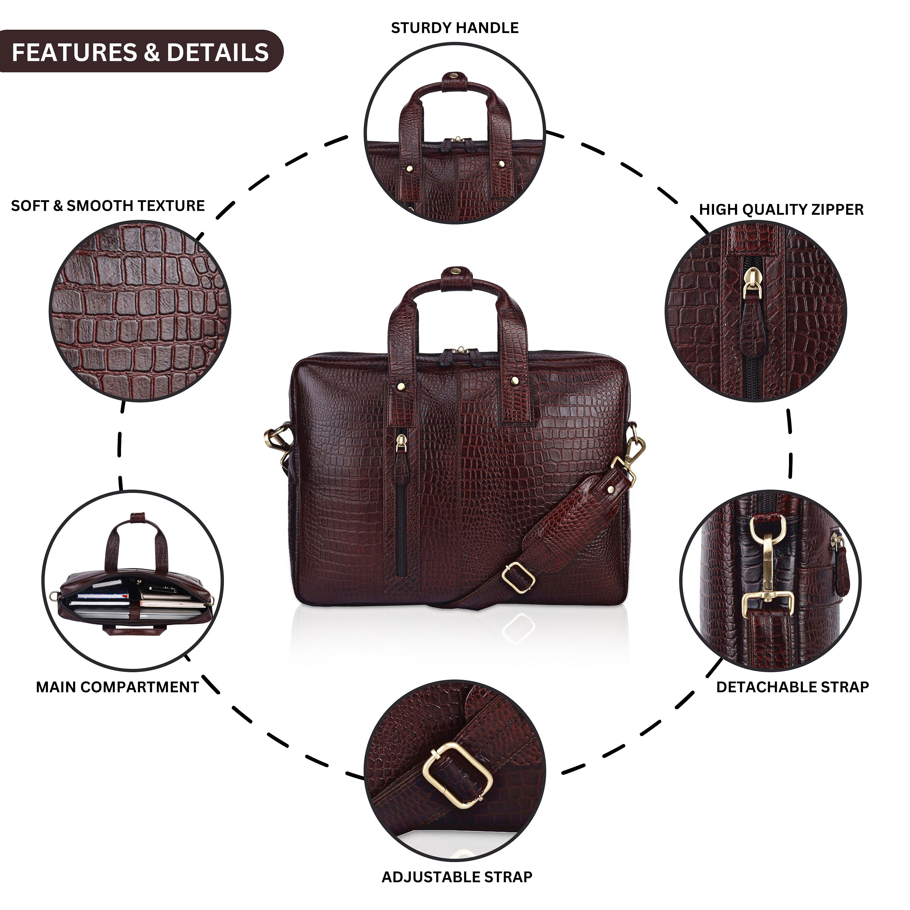 Genuine Leather Laptop Messenger Bags for Men and Women Brown Croco SkinOutfit