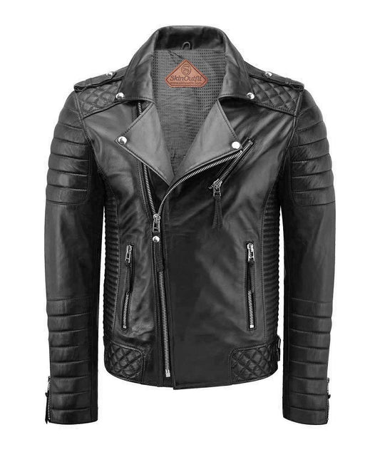 Men Biker Leather Jacket Black SkinOutfit