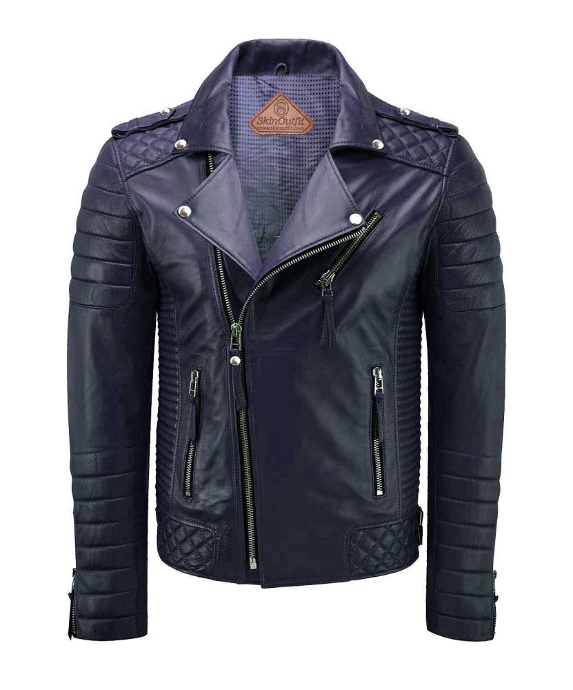 Men Biker Leather Jacket Dark Blue SkinOutfit