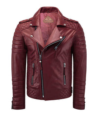 Men Biker Leather Jacket Dark Red SkinOutfit