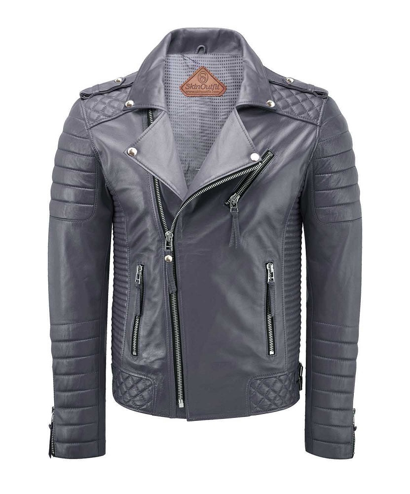 Men Biker Leather Jacket Grey SkinOutfit