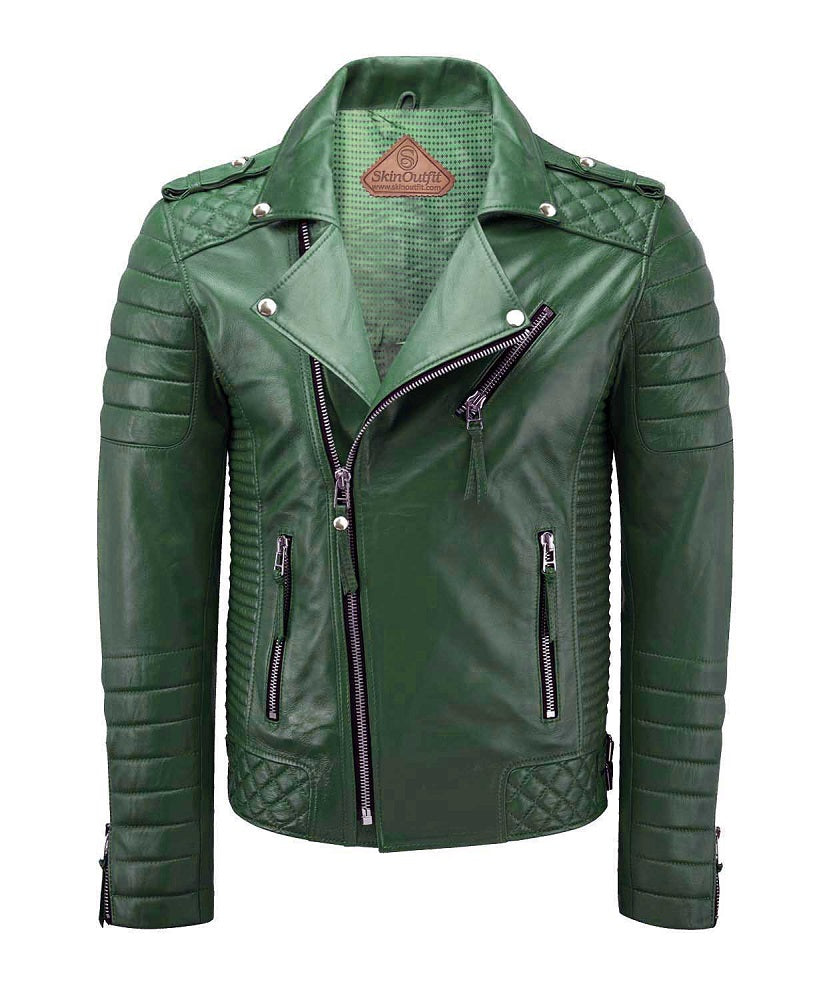 Men Biker Leather Jacket Green SkinOutfit