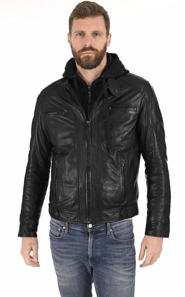 Men Hoodie Leather Jacket with Removable Hood 01 SkinOutfit