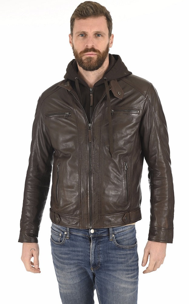 Men Hoodie Leather Jacket with Removable Hood 02 SkinOutfit