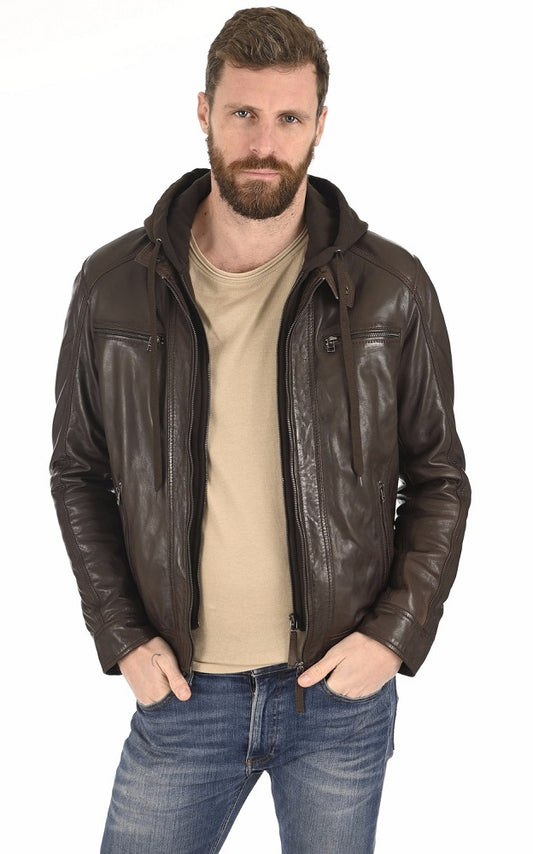 Men Hoodie Leather Jacket with Removable Hood 02 SkinOutfit