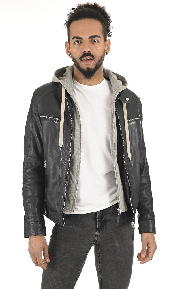 Men Hoodie Leather Jacket with Removable Hood 07 SkinOutfit