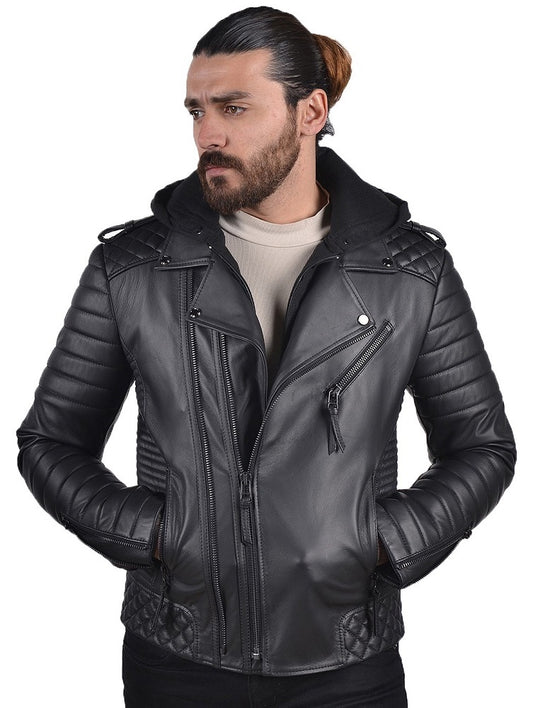 Men Hoodie Leather Jacket with Removable Hood 09 SkinOutfit