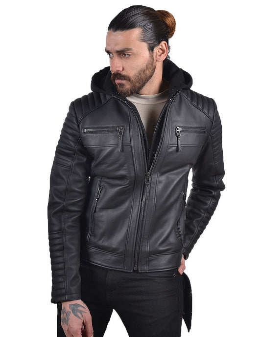 Men Hoodie Leather Jacket with Removable Hood 10 SkinOutfit