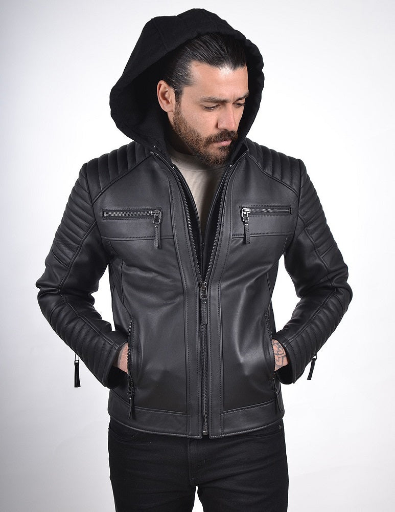 Men Hoodie Leather Jacket with Removable Hood 10 SkinOutfit