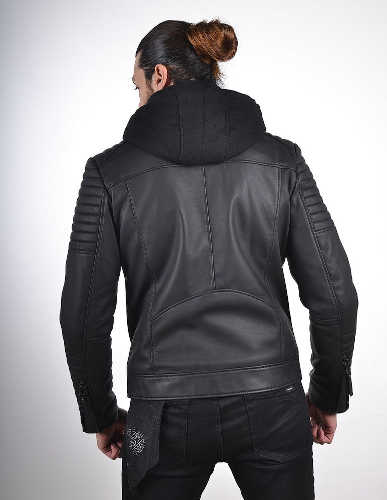 Men Hoodie Leather Jacket with Removable Hood 10 SkinOutfit