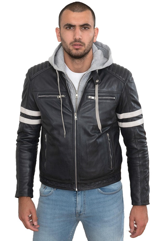 Men Hoodie Leather Jacket with Removable Hood 11 SkinOutfit