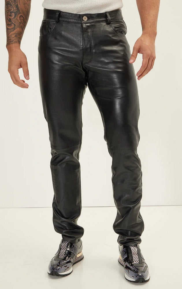 Men Genuine Leather Pant Black SkinOutfit