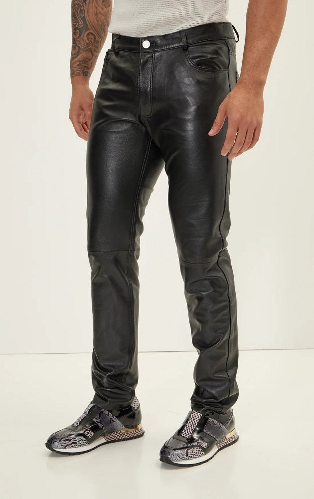 Men Genuine Leather Pant Black SkinOutfit