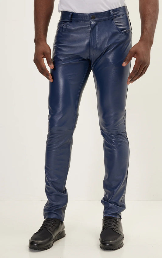 Men Genuine Leather Pant Blue SkinOutfit