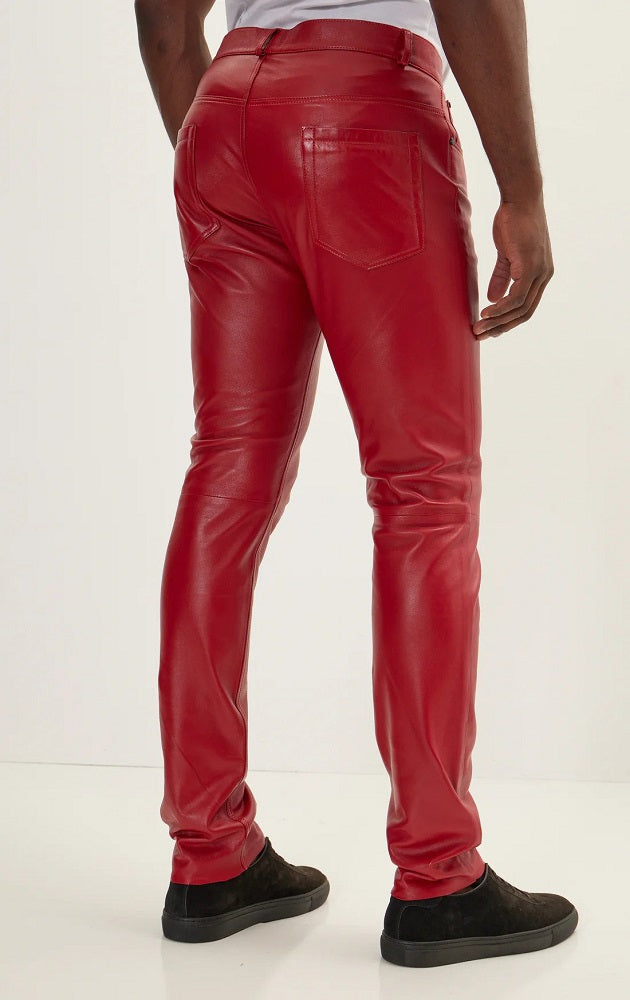 Men Genuine Leather Pant Red SkinOutfit