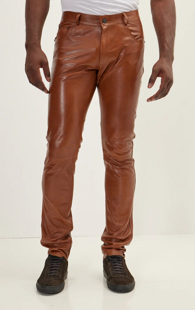 Men Genuine Leather Pant Tan SkinOutfit