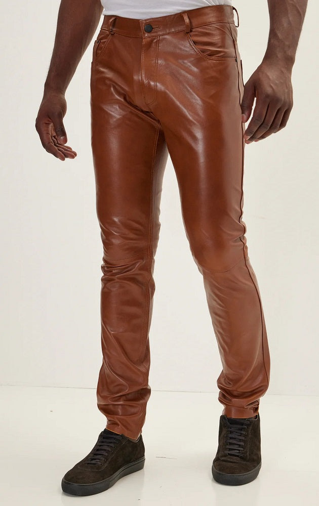 Men Genuine Leather Pant Tan SkinOutfit