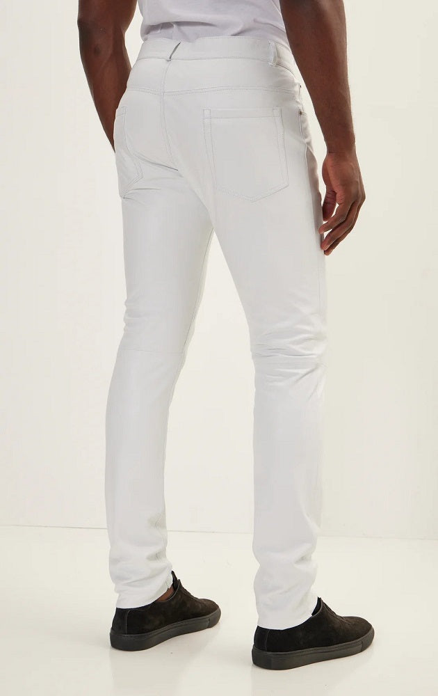 Men Genuine Leather Pant White SkinOutfit
