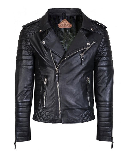 Men Motorcycle Leather Jacket Black SkinOutfit