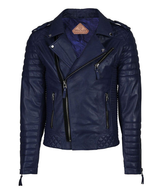 Men's Biker Leather Jacket Dark Blue SkinOutfit