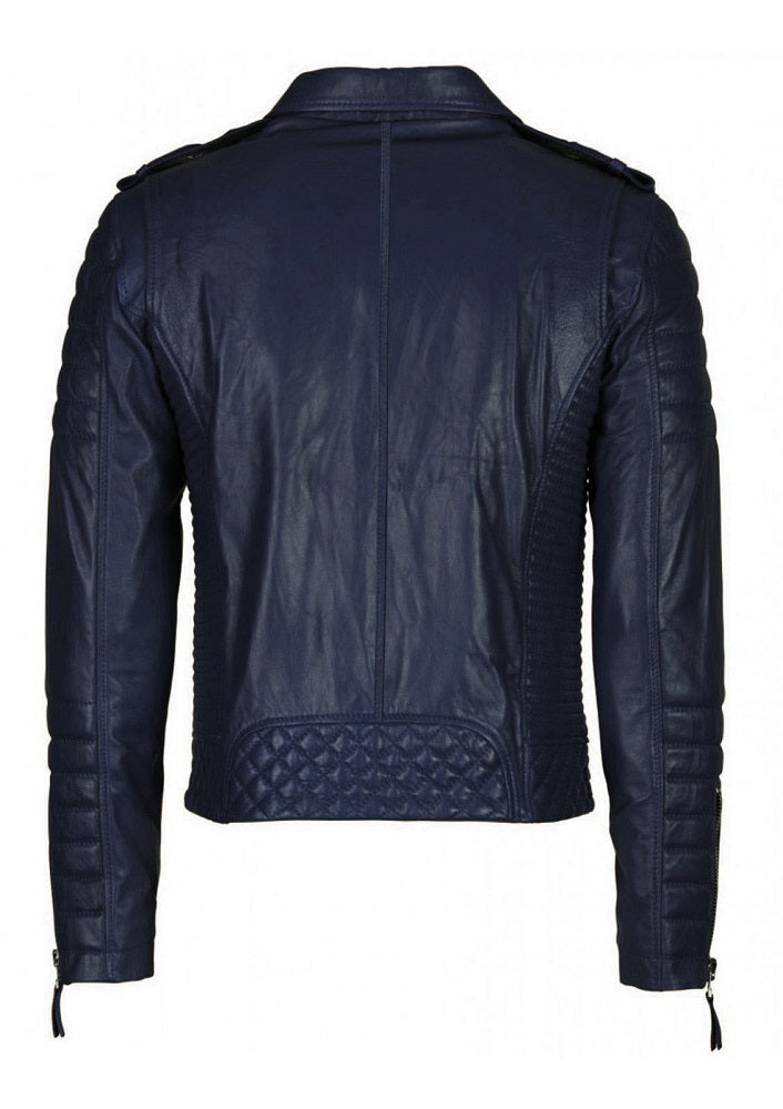 Men's Biker Leather Jacket Dark Blue SkinOutfit