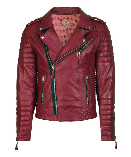 Men's Biker Leather Jacket Dark Red SkinOutfit