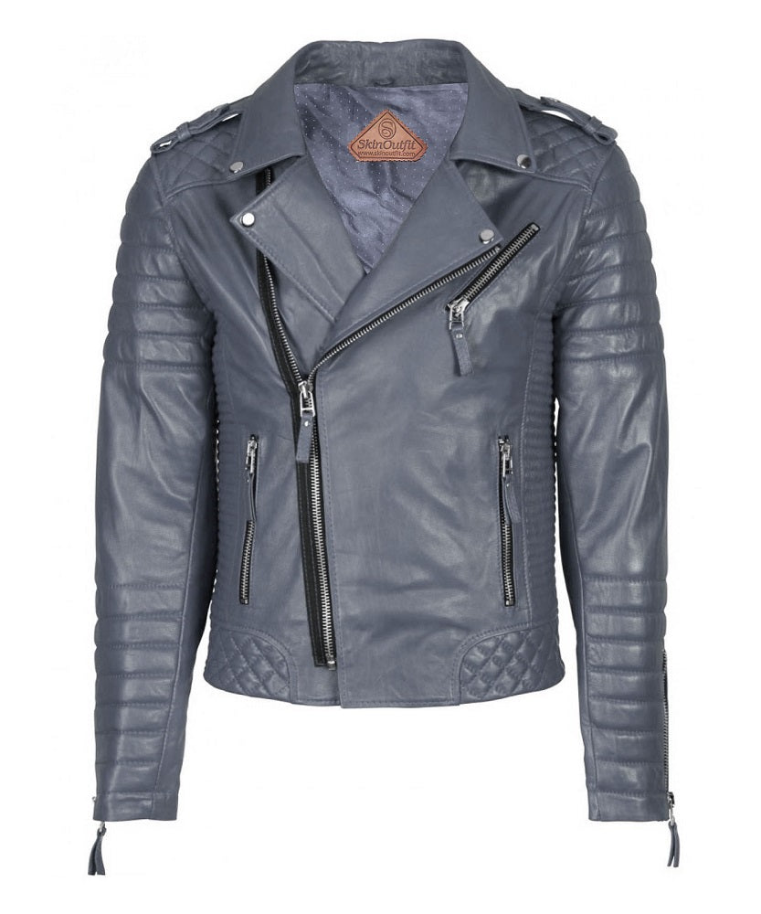 Men's Biker Leather Jacket Gray SkinOutfit