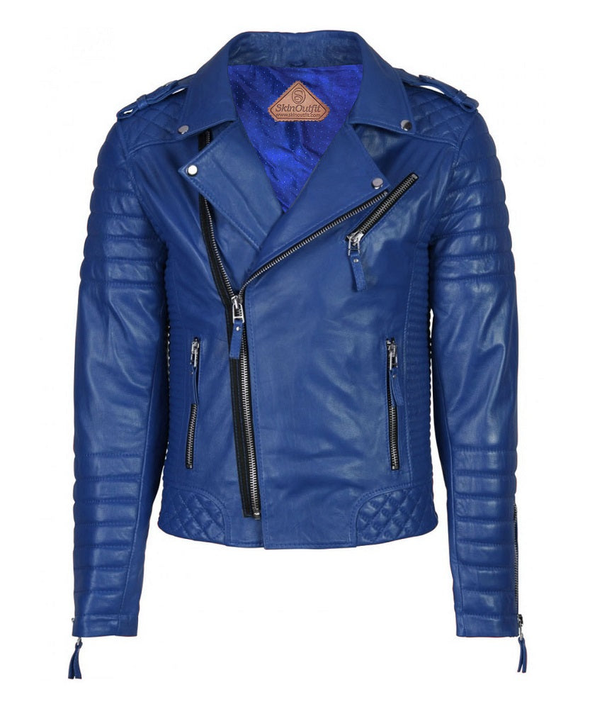 Men's Biker Leather Jacket Royal Blue SkinOutfit