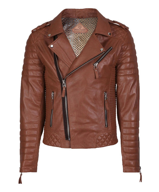 Men's Biker Leather Jacket Tan SkinOutfit