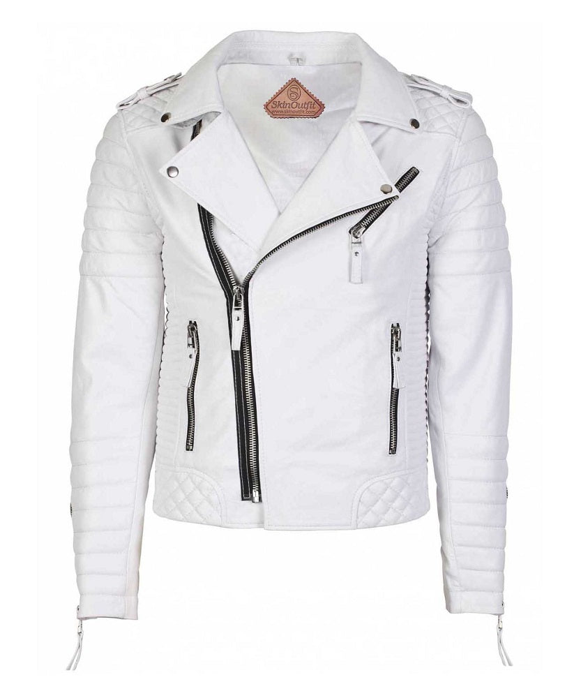 Men's Biker Leather Jacket White SkinOutfit