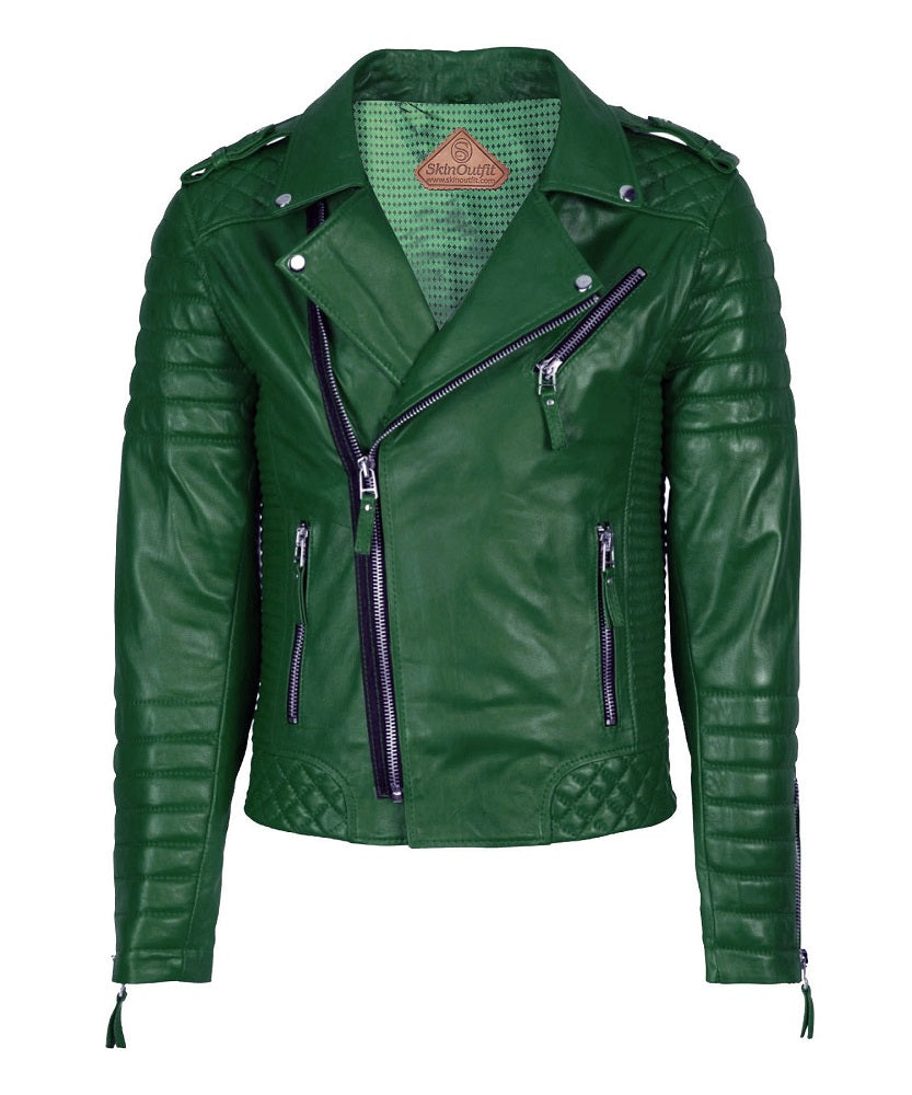 Men's Biker Leather Jacket Green SkinOutfit